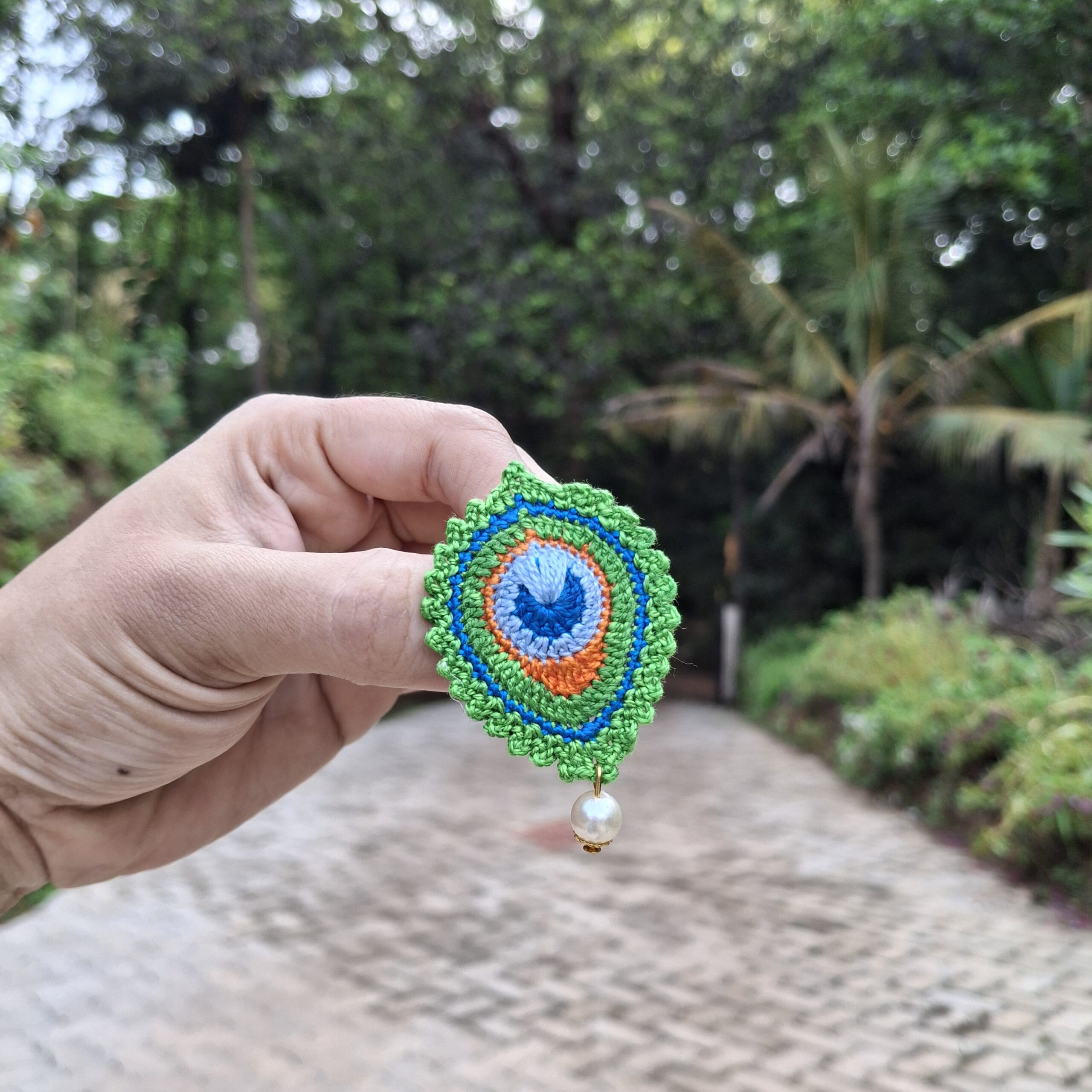 Crochet Peacock Feather Brooch - Image 3
