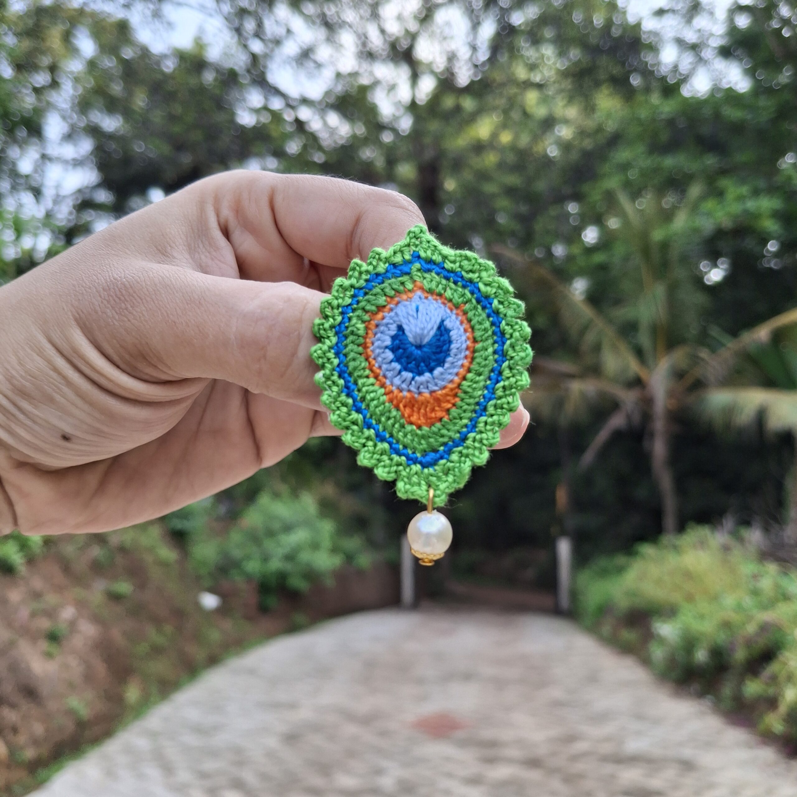 Crochet Peacock Feather Brooch