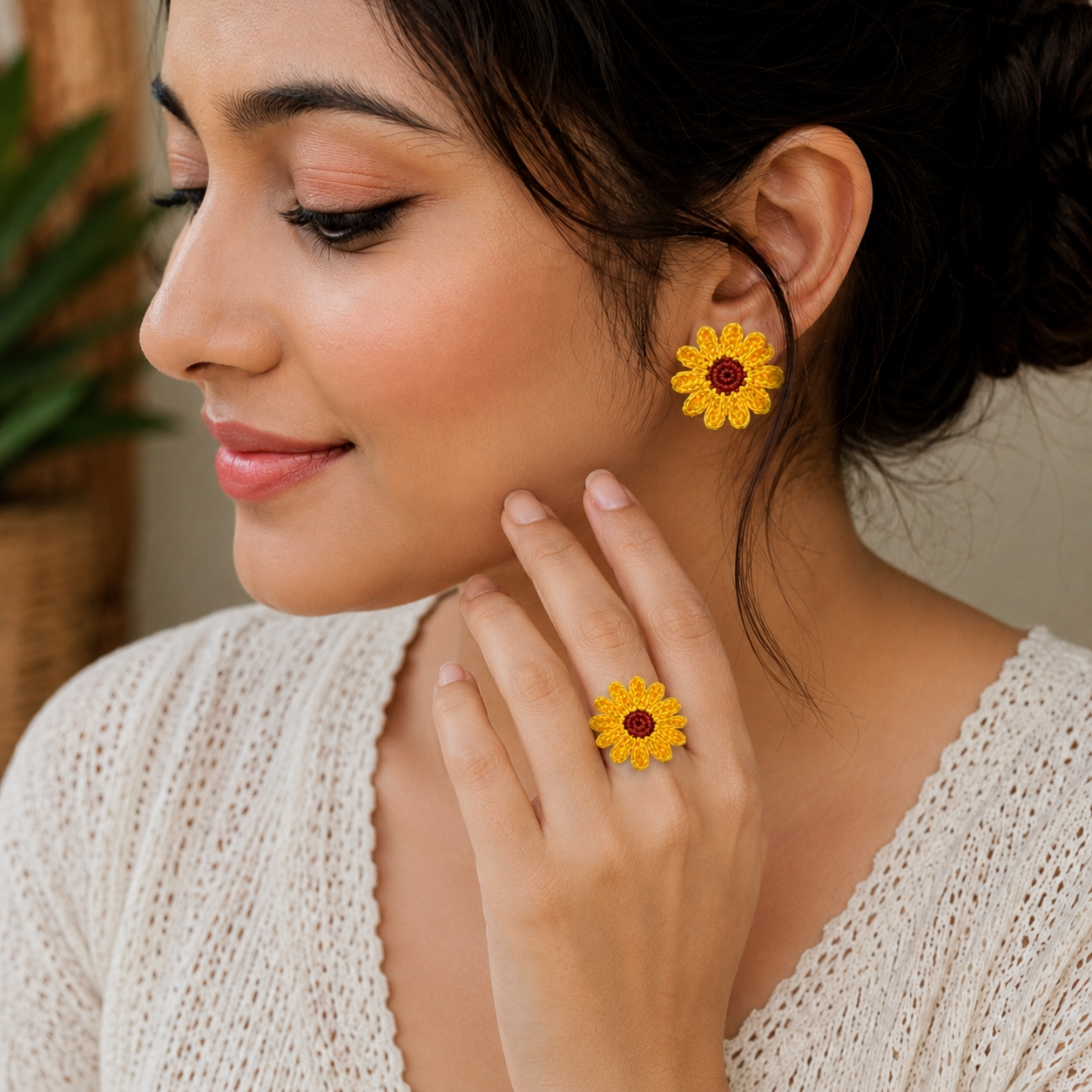 Crochet Sunflower Stud Earrings & Finger Ring Set - Image 2